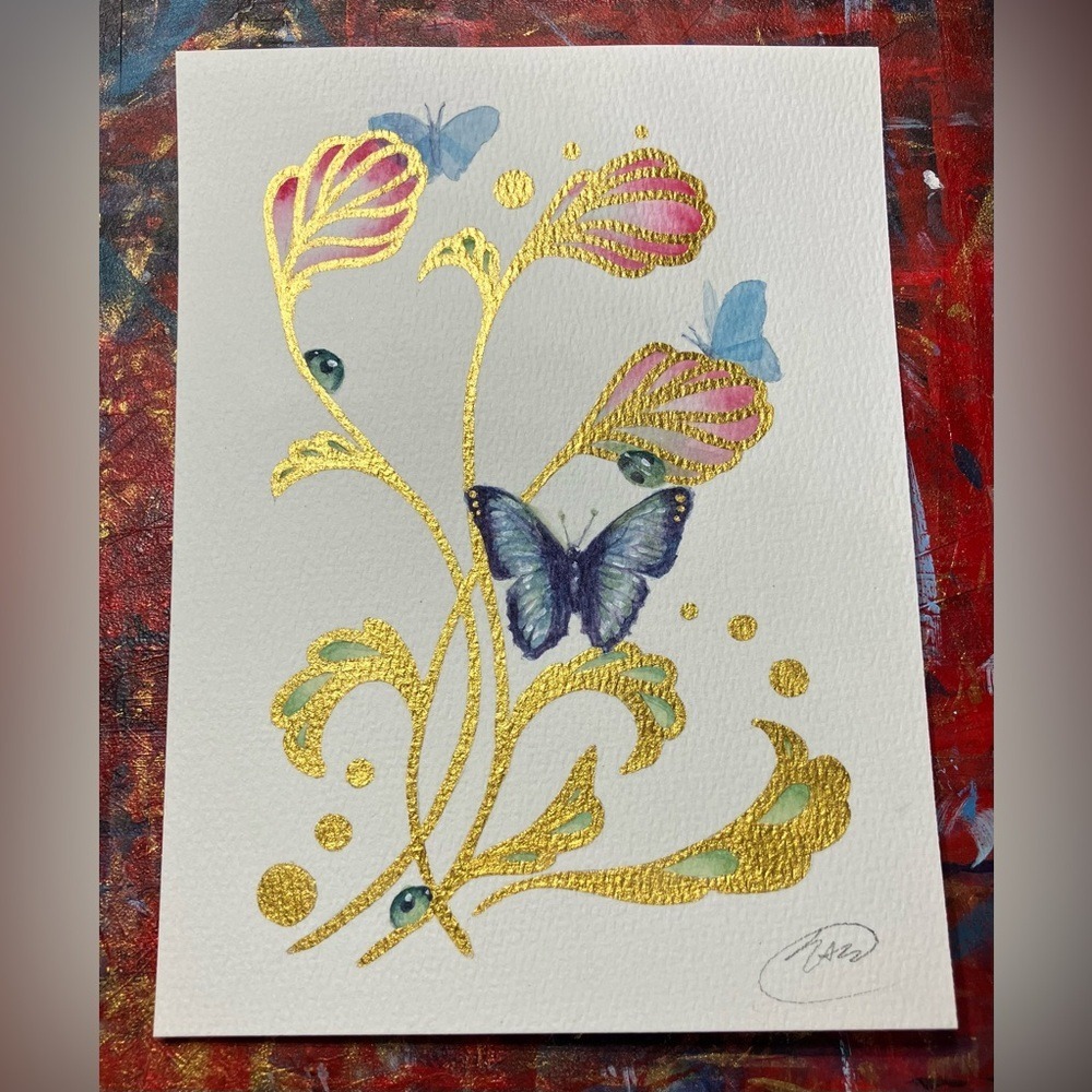 ORIGINAL Butterflies painting Art Floral Gold accents Art deco style Artwork